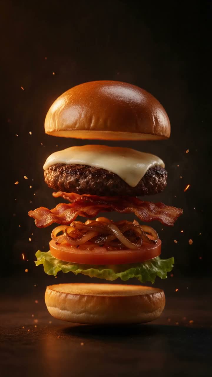 O Burguer Art's aberto no ar, com cada camada flutuando separada da outra: pão brioche liso por cima, muçarela derretendo sobre o hambúrguer, bacon, cebola caramelizada, tomate, alface e o pão de baixo.